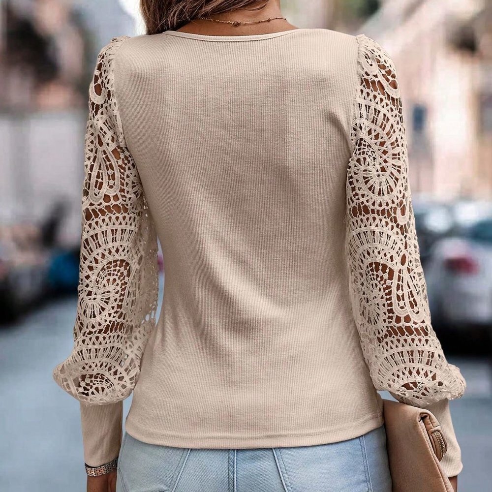 Khaki Boho Womens Contrast Guipure Lace Lantern Sleeve Top - Picture 4 of 5